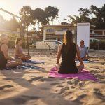 Teilnehmende machen Yoga am Strand